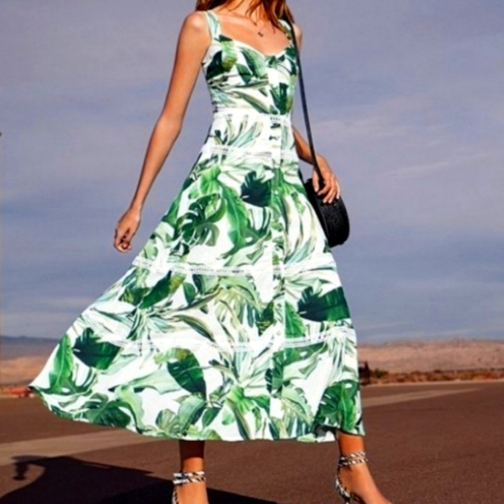 Gianni Bini Monica Palm Print A Line Midi Dress 100% Cotton